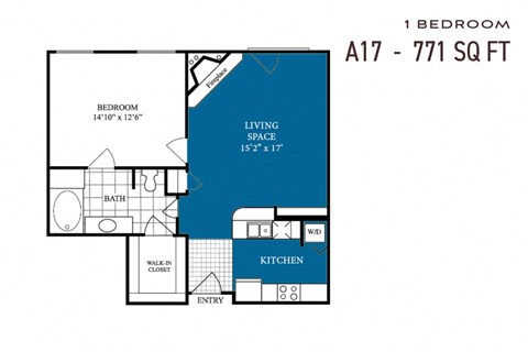 Floor plan for 1 bed, 1 bath, 771 sqft